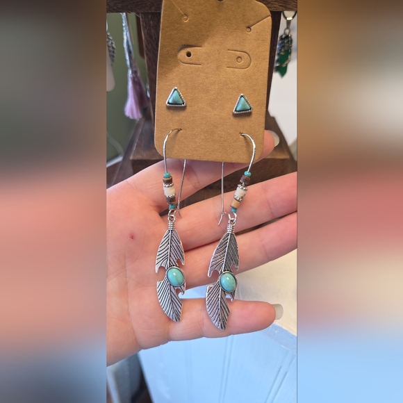 Jewelry - Silver and Turquoise Feather Earrings